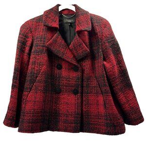 Talbots Women's Blazer 14 P Red Black Plaid Wool Blend Double breasted Pockets
